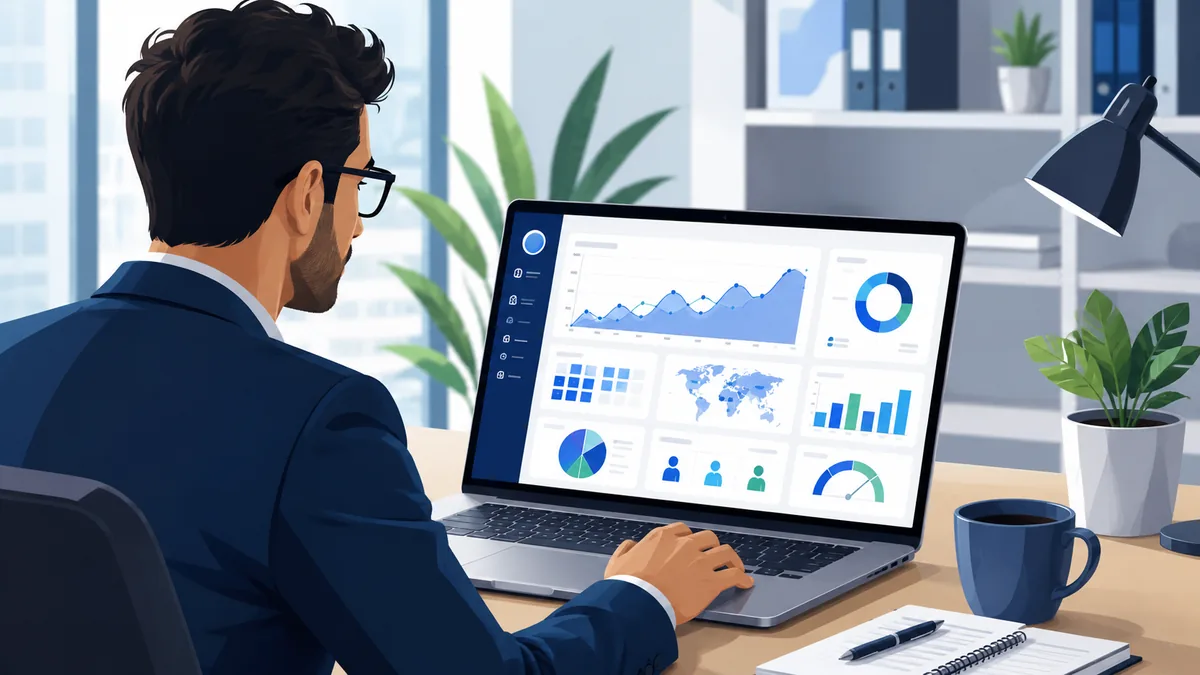 Business owner reviewing a modern website analytics dashboard on laptop, no text