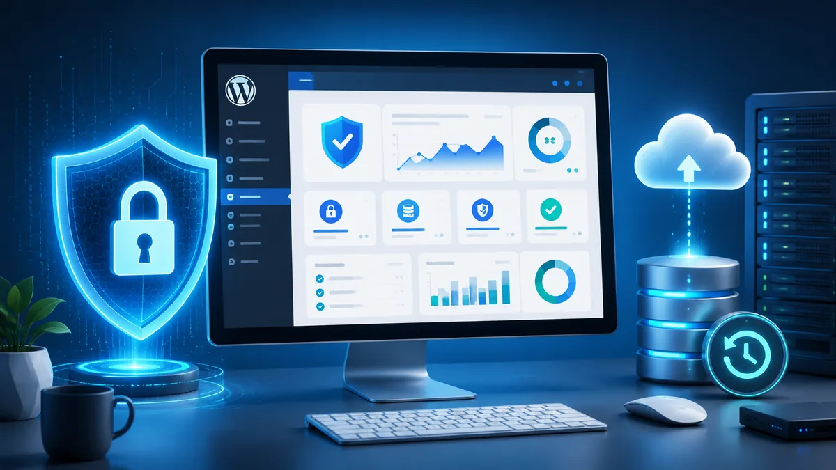 WordPress website security dashboard with shield, lock and backup concept, no text