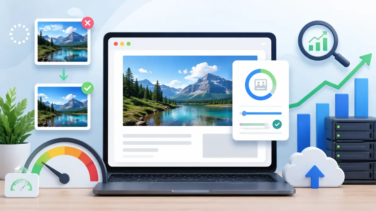 Website image SEO optimization concept with compressed photos, search ranking and fast loading speed, no text