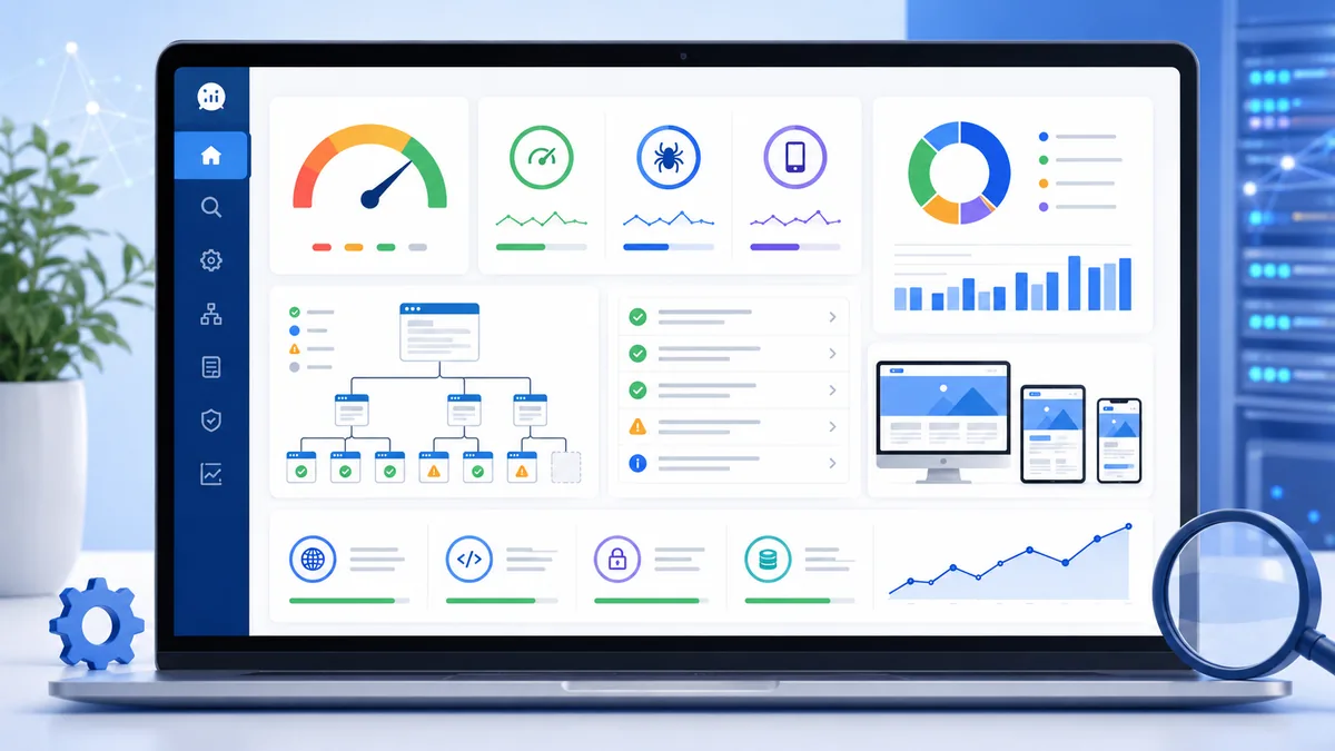 Technical SEO website audit dashboard with speed, crawlability and mobile optimization, no text