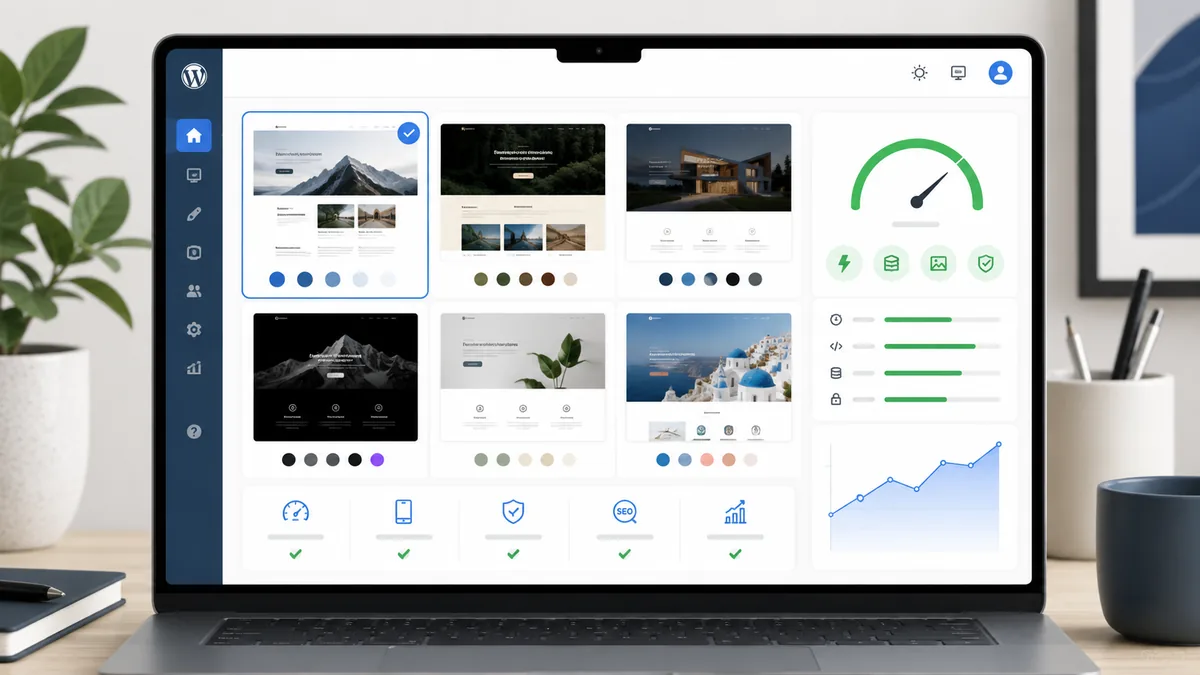 Modern WordPress theme selection dashboard with website speed and design previews, no text