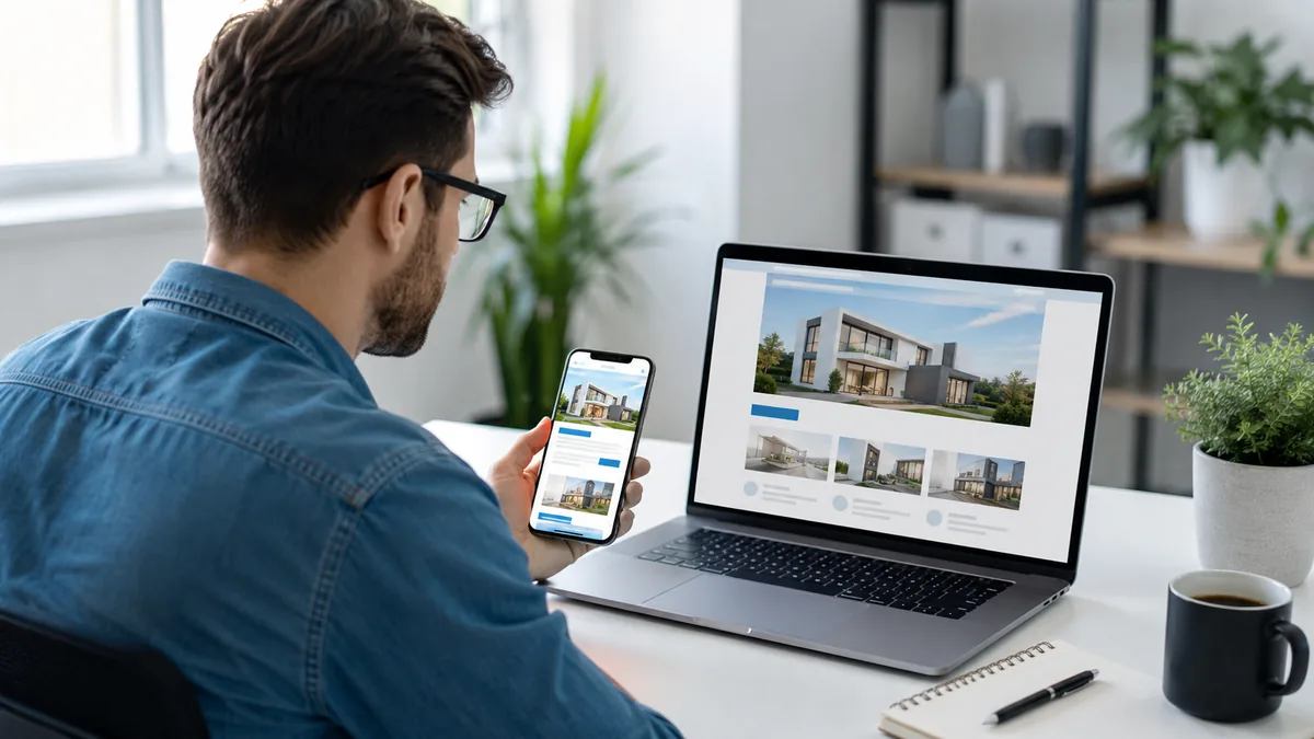 Business owner reviewing a responsive website on smartphone and desktop, no text