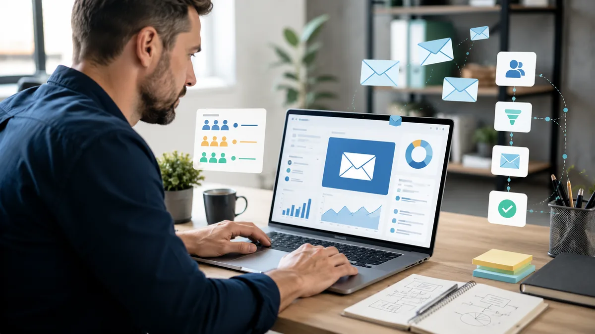 Business owner planning an email marketing campaign on laptop, no text