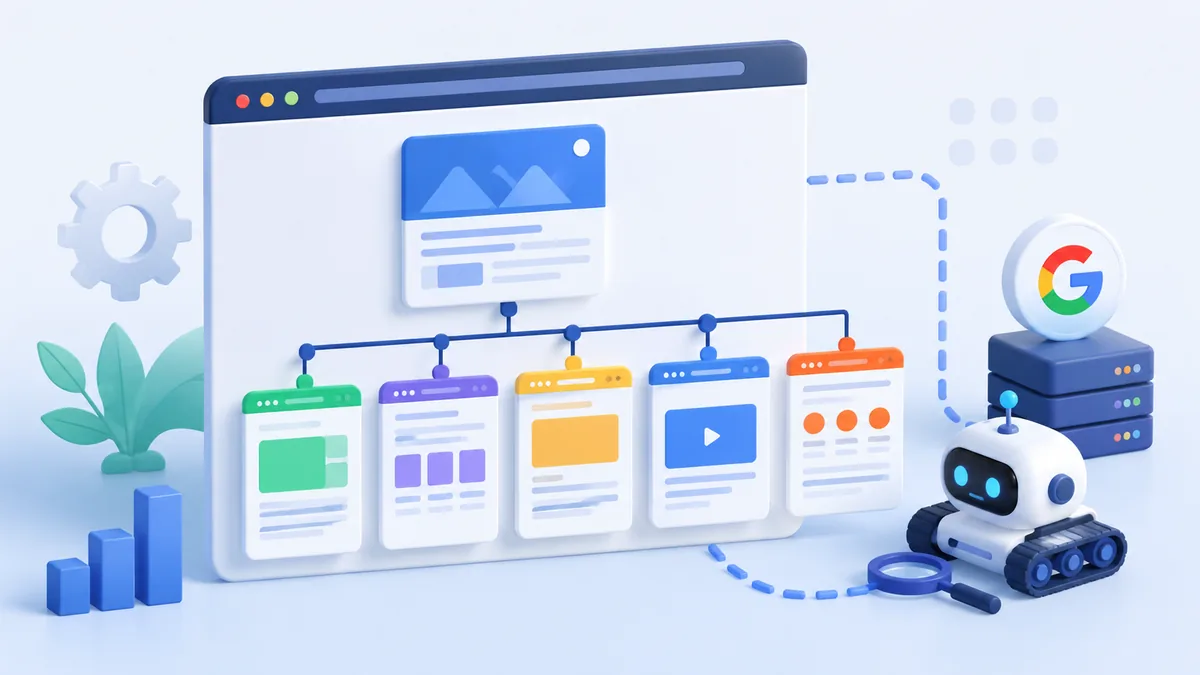 Website sitemap structure connecting pages to search engine crawler, no text
