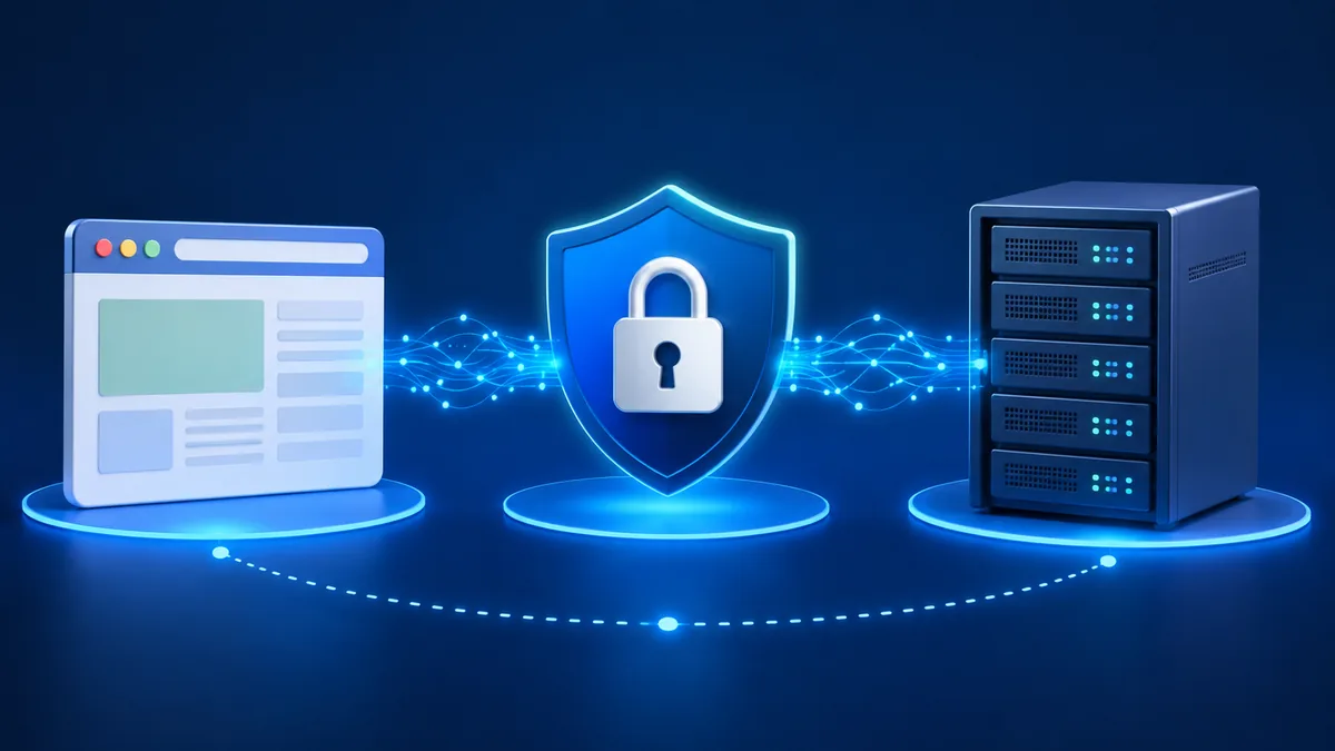 Secure website connection between browser, server and encrypted data flow, no text