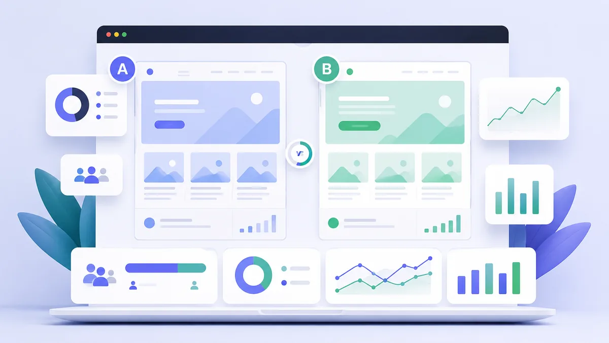 Website A/B testing dashboard comparing two landing page variations, no text