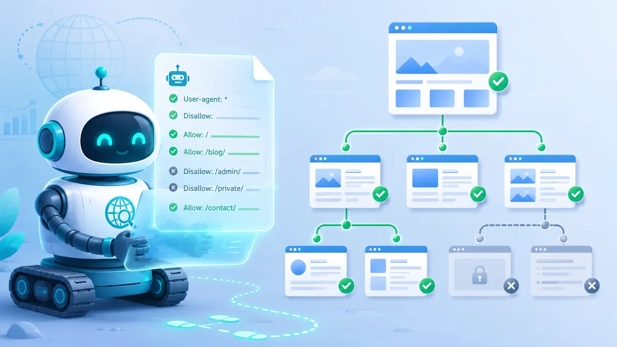 Website crawler reading a robots.txt file and navigating allowed pages, no text