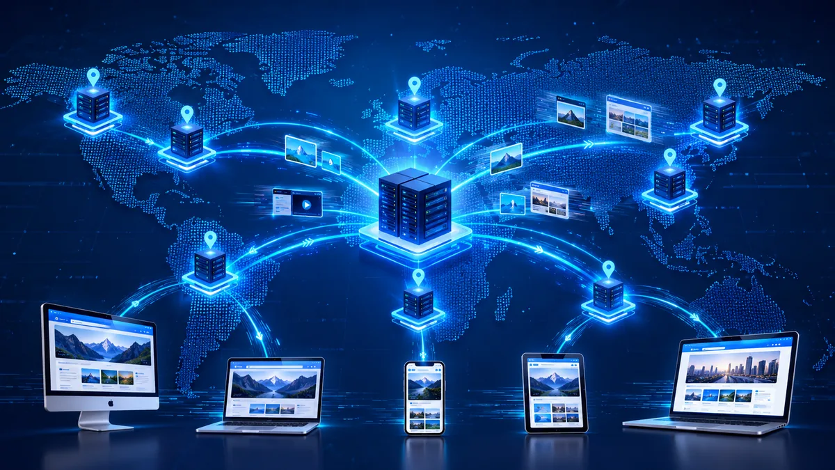 Global CDN network delivering website content to users, no text
