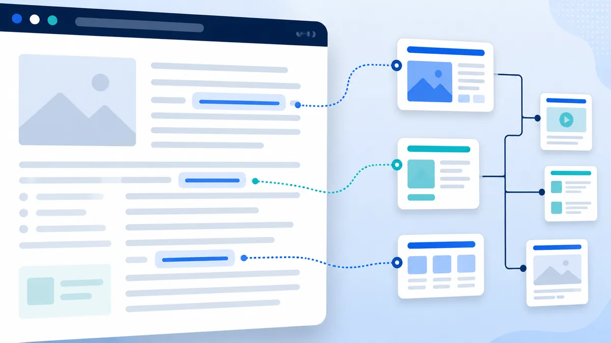 Close-up of a website page with highlighted clickable link text and connected webpage structure, no text, no logos, no characters