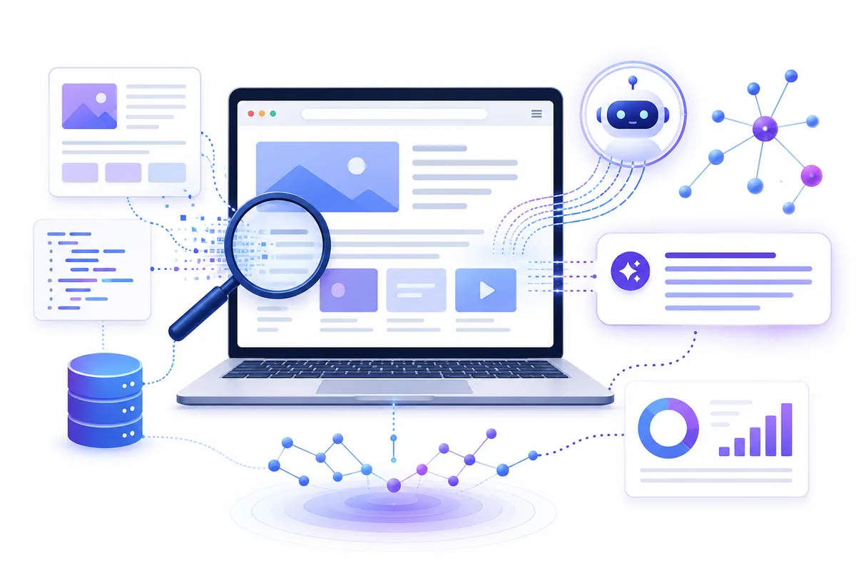 AI search engine analyzing website content with structured data, no text in image