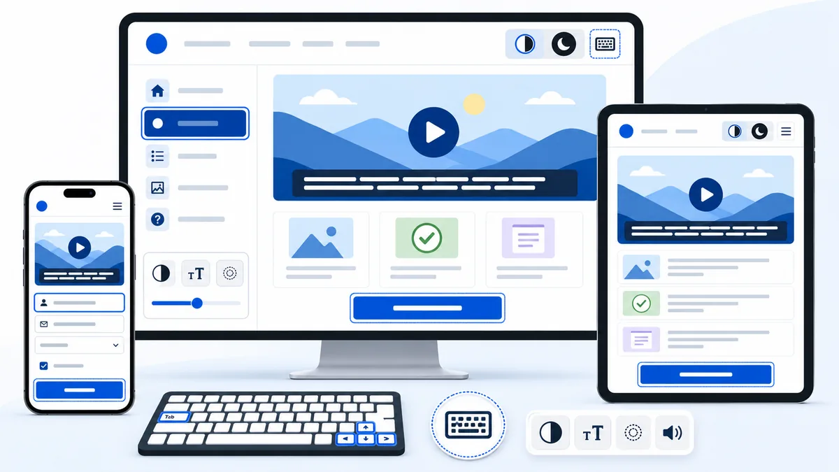 Inclusive website interface showing keyboard navigation, captions, clear buttons and responsive layout, no text, no characters, no logos