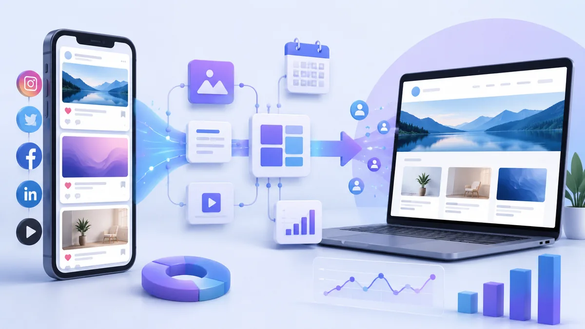 Modern social media content workflow connecting posts to a business website, no text, no logos, no characters