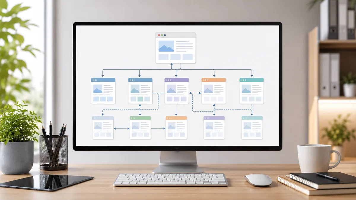 Clean website sitemap and internal linking concept on a modern workspace, no text, no logos, no characters