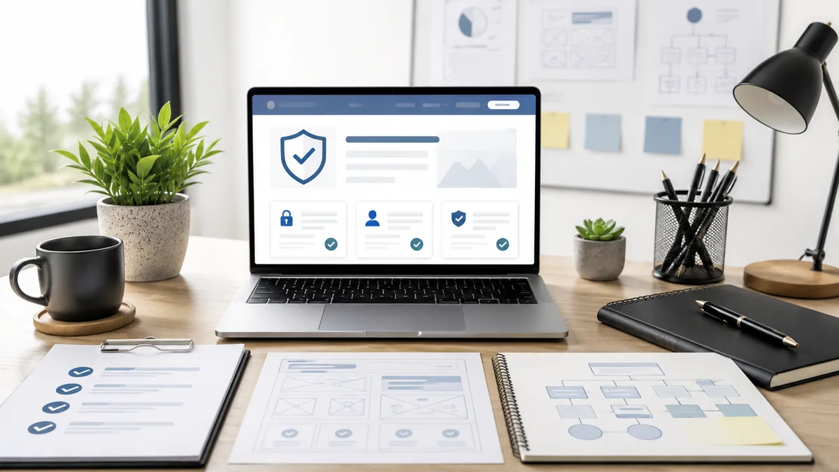 Clean modern workspace showing website credibility checklist, content planning notes, secure website interface, no text, no people, no logos