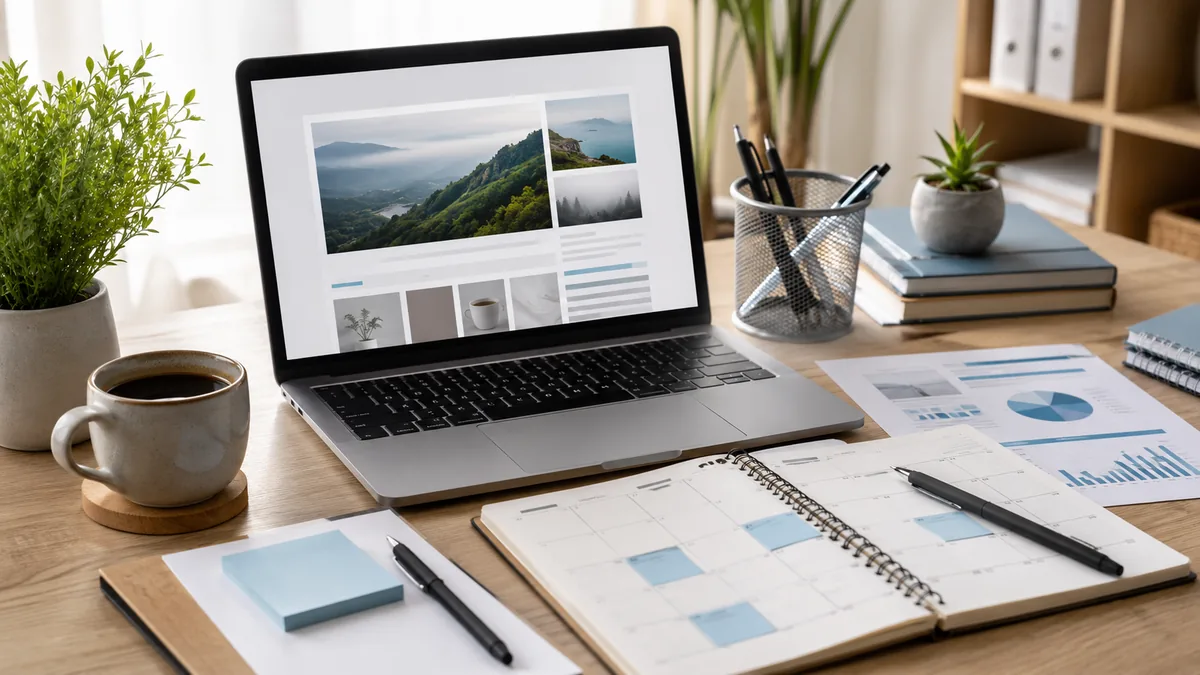 Modern business website blog planning workspace with laptop content calendar analytics notes and coffee, no text, no people, no logos