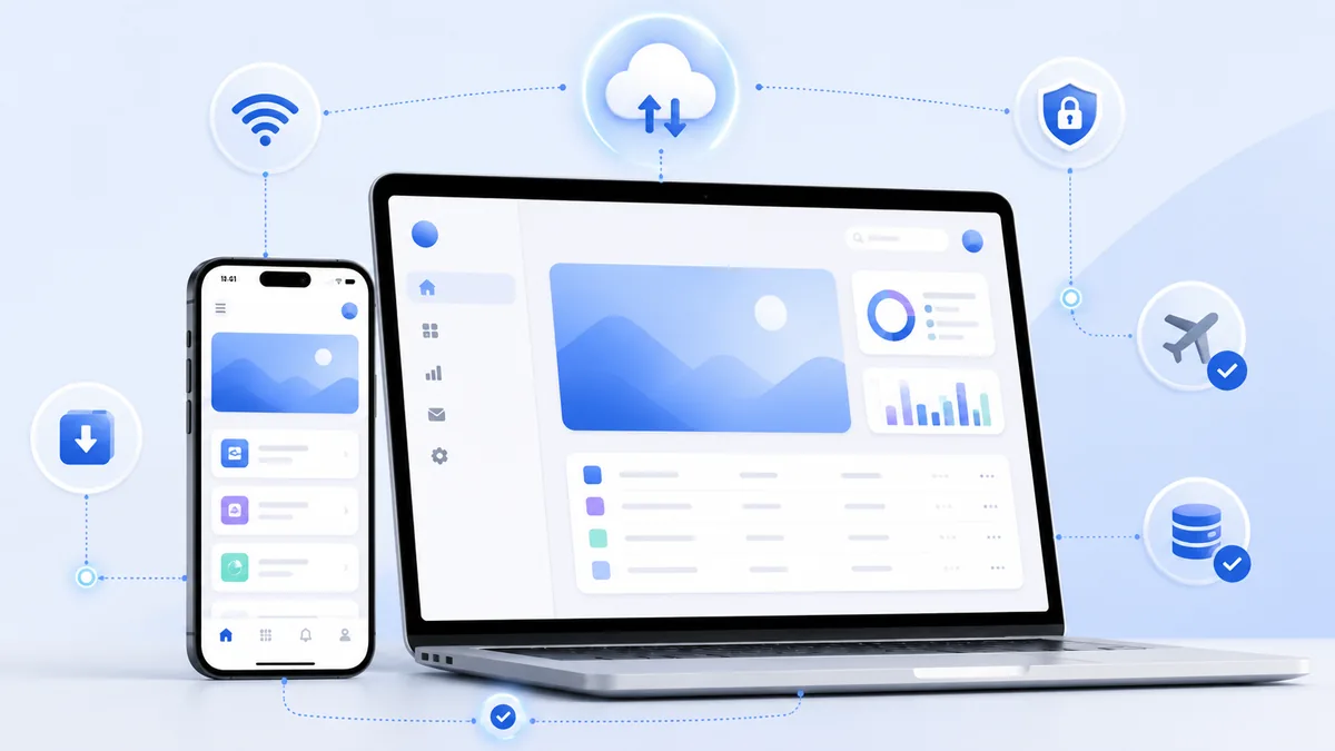 Modern mobile and desktop web app interface concept with installable app icon, smooth connectivity and offline access, no text, no logos, no characters