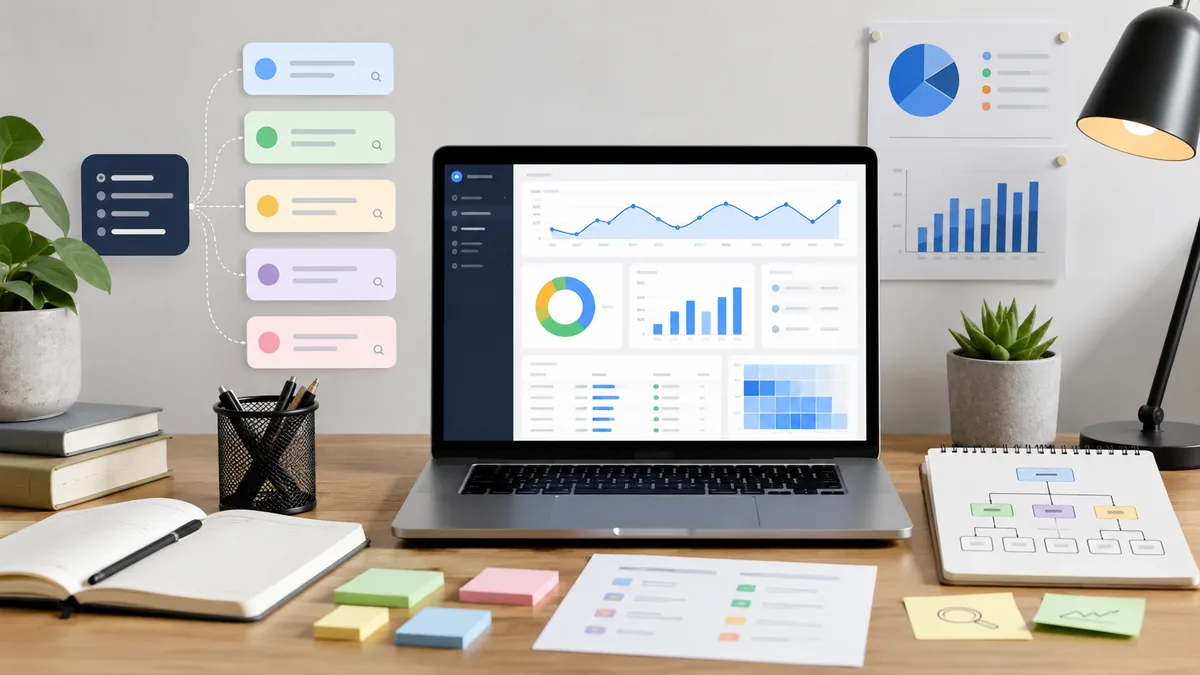 Modern website keyword research workspace with search query cards and analytics dashboard, no text, no logos, no characters