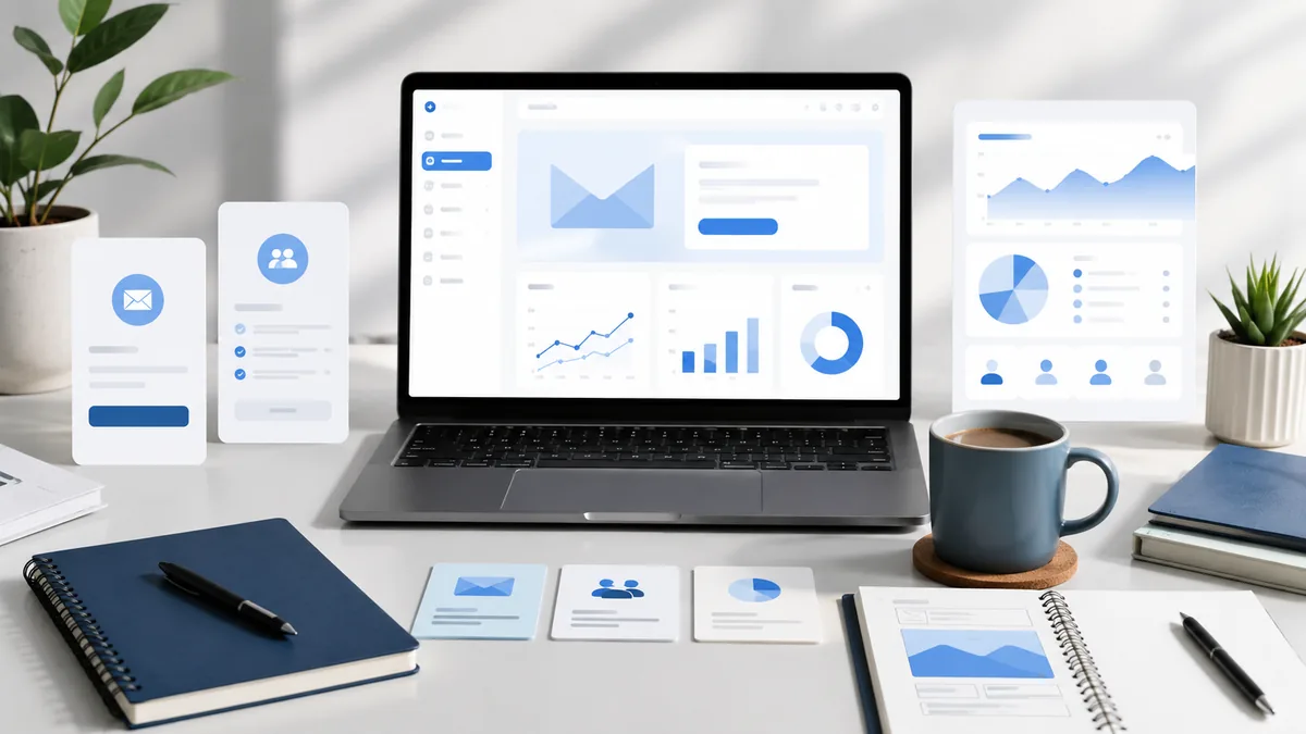 Modern email newsletter planning workspace with laptop, signup form cards, analytics dashboard, no text, no characters, no logos