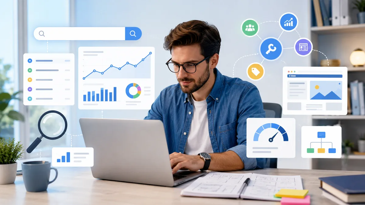business owner researching SEO keywords on laptop no text in image