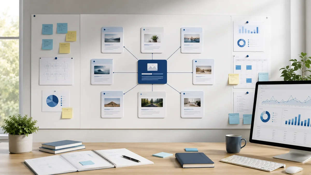 Clean website content strategy board with connected topic cards, analytics screen and planning notes, no text, no people, no logos