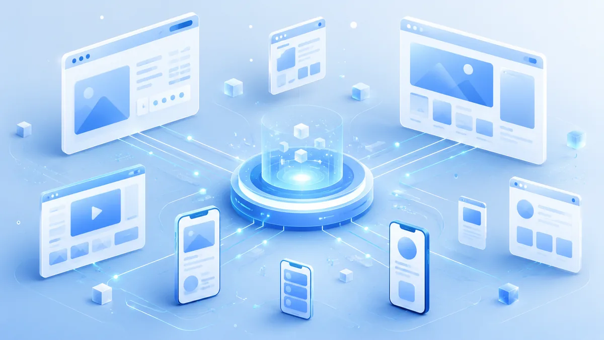 Clean abstract content hub connected to website and mobile interface cards, no text, no characters, no logos