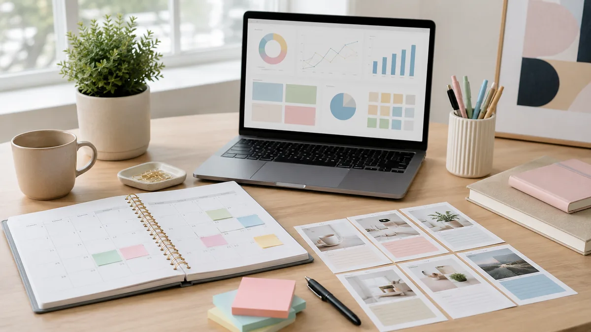 Clean content planning desk with monthly calendar, laptop, sticky notes and analytics charts, no text, no people, no logos