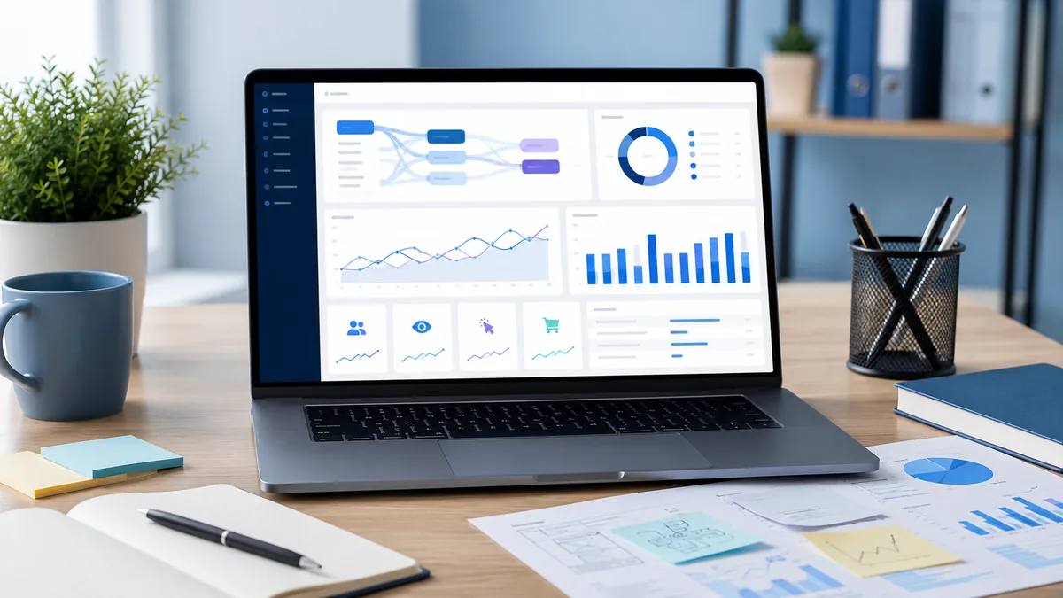 Clean website analytics dashboard with user journey charts, laptop and notes, no text, no people, no logos