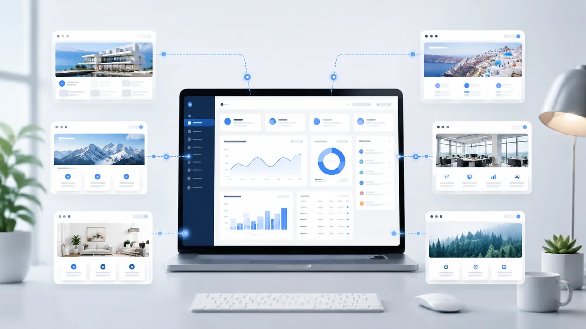 Clean website operations dashboard showing multiple connected site panels, no text, no people, no logos