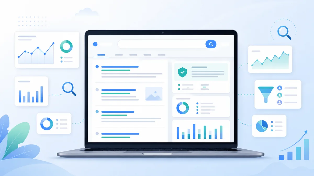 Modern search results concept on a clean laptop screen with answer panels and analytics charts, no text, no people, no logos