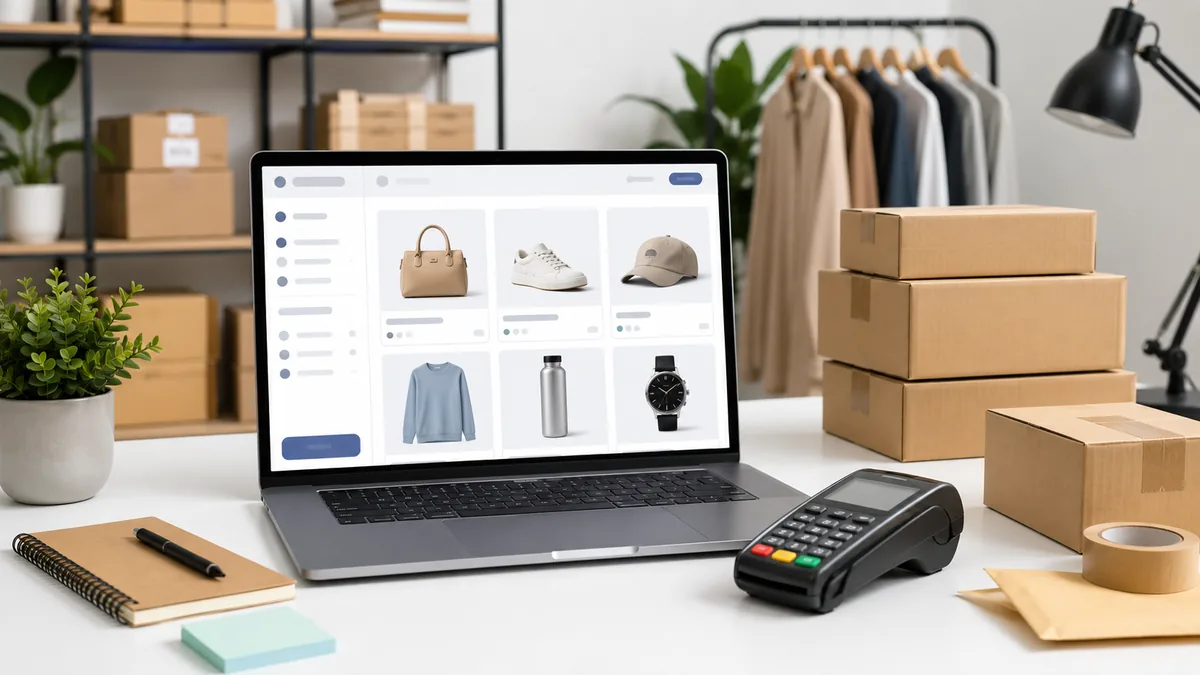Clean modern online store workspace with laptop product catalog, shipping boxes, payment terminal concept, no text, no people, no logos