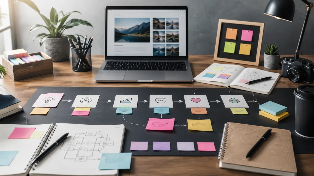 Modern content strategy workspace with notebooks, customer journey notes, laptop and abstract storytelling flow, no text, no people, no logos