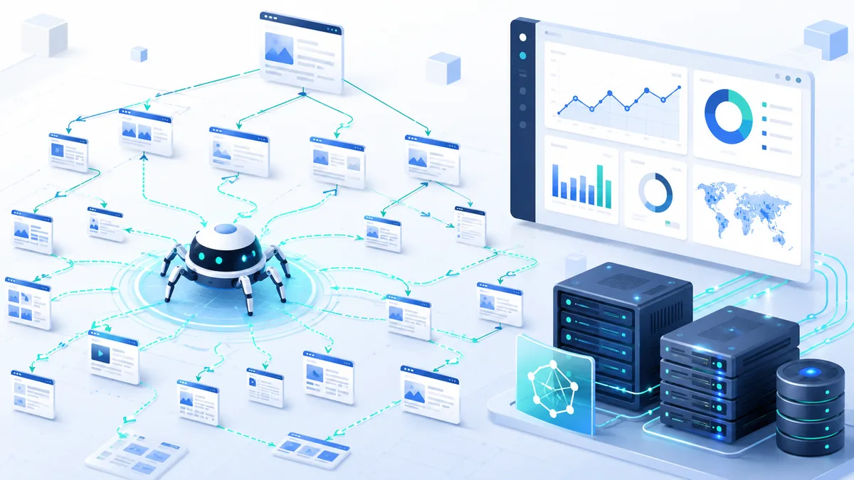 Large website crawling concept with server dashboard, sitemap files and interconnected web pages, no text, no logos, no people