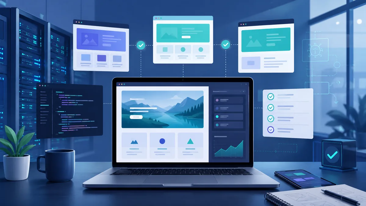 Modern website staging environment with laptop dashboards, test pages, server workspace, no text, no people, no logos