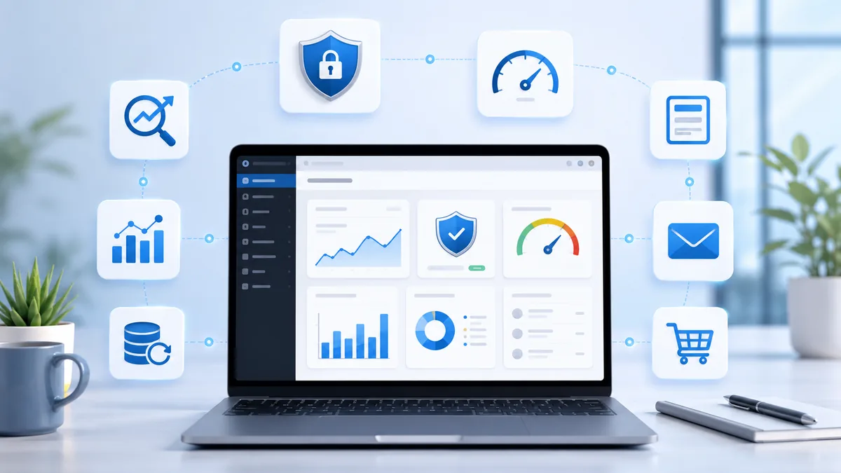 business WordPress plugin dashboard with SEO security speed and analytics icons no text