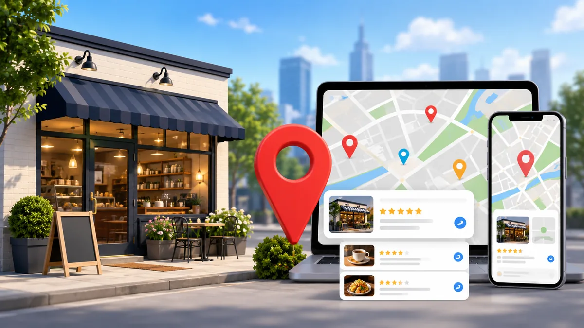 local business storefront with map pin and search interface no text
