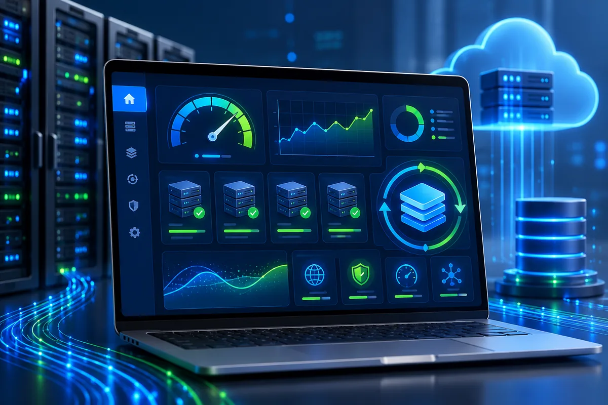 Web hosting server dashboard with caching and performance icons, no text in image