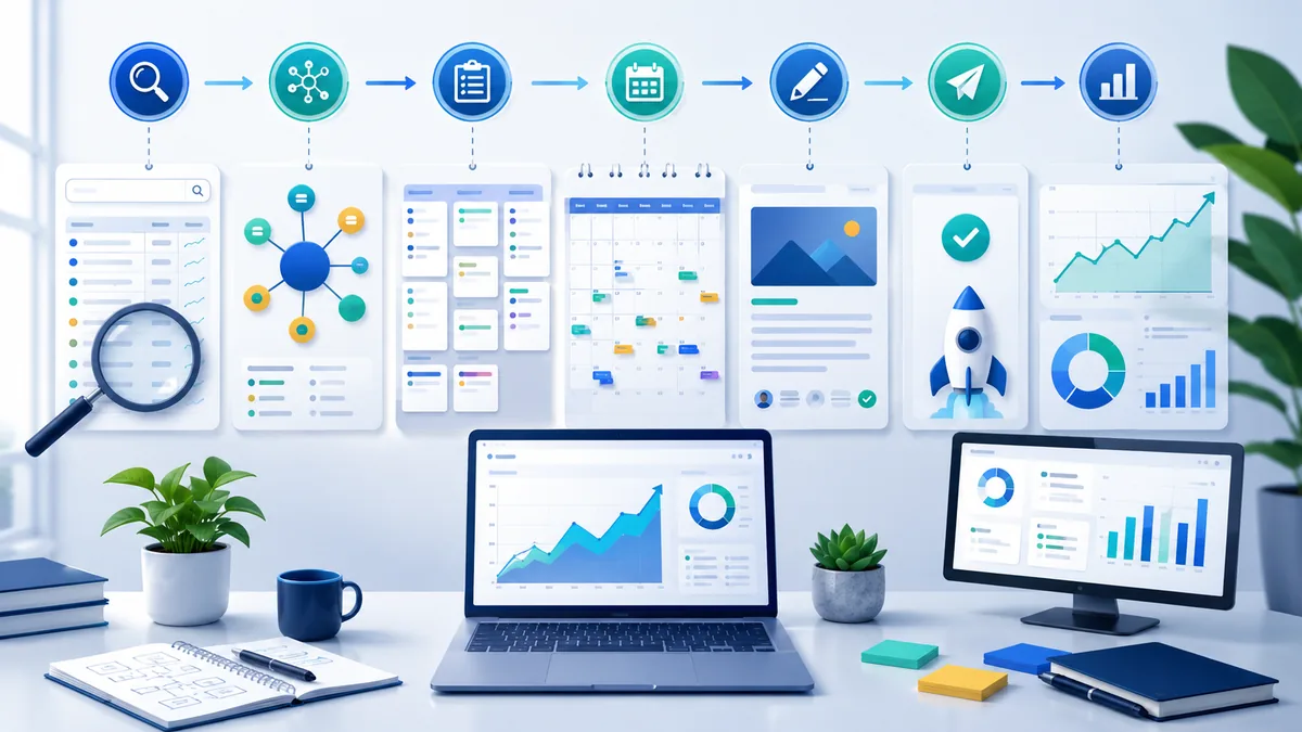 SEO content planning workflow with keyword research no text