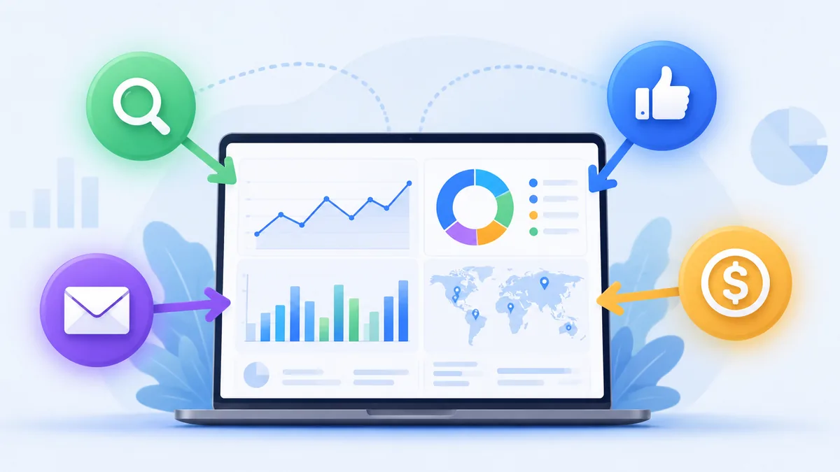 Website traffic source analysis with organic search social media email and paid ads icons, no text