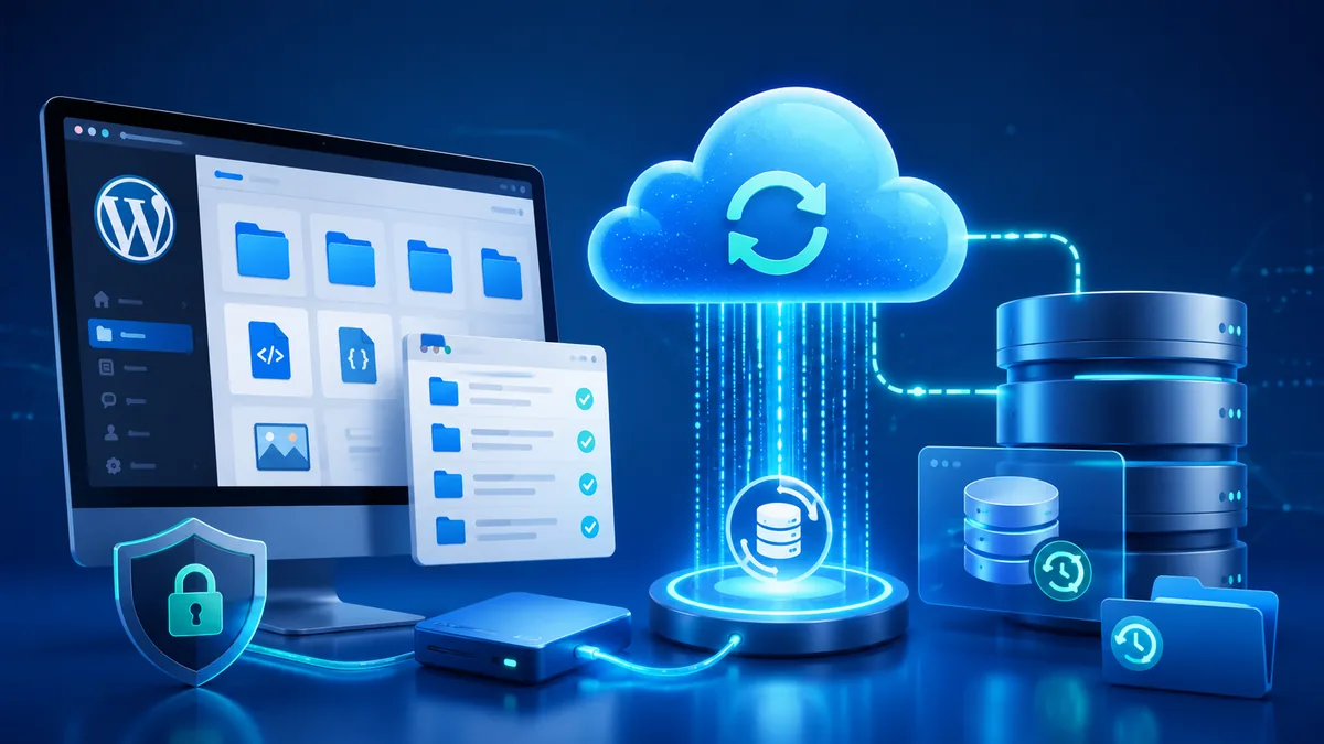 Website backup and recovery concept with cloud storage, WordPress files and database, no text