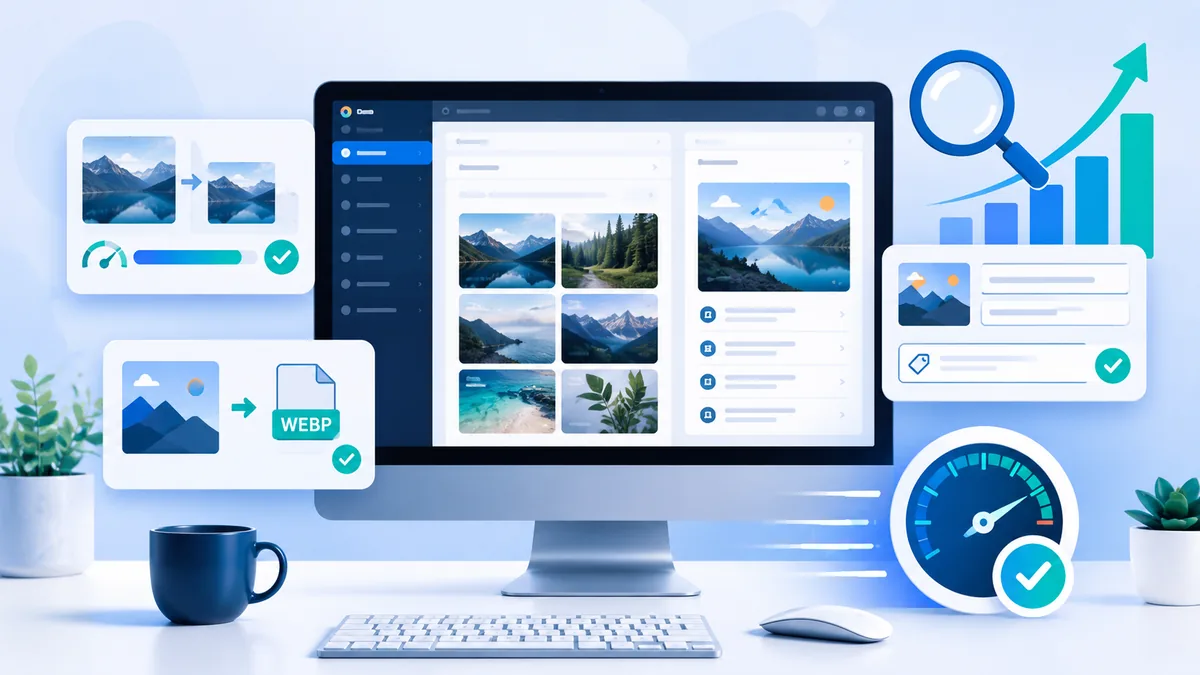 WordPress dashboard optimizing image size, WebP format and alt text for SEO, no text