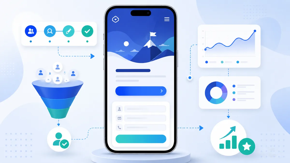 Mobile friendly landing page with lead form CTA and user journey flow, no text