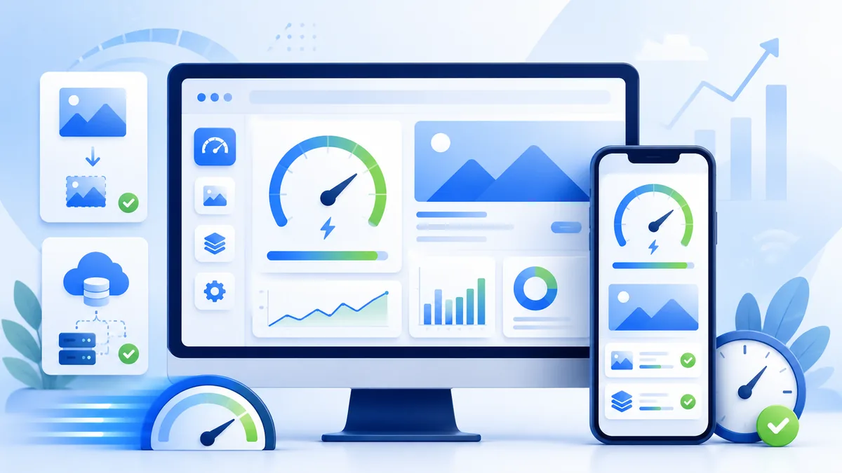Website performance optimization concept with mobile page speed, image compression and caching, no text
