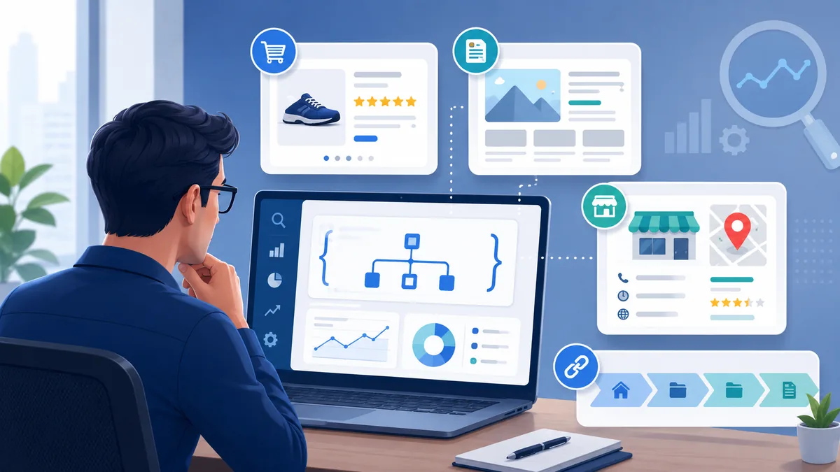 Business owner reviewing product article local business and breadcrumb schema types, no text