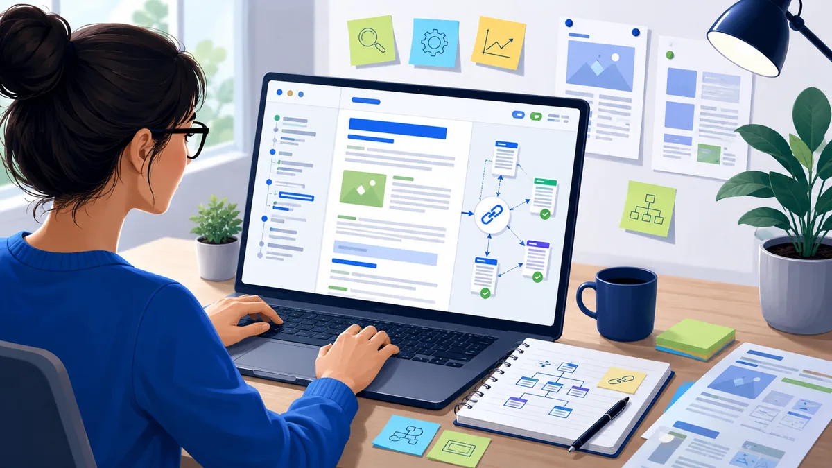 Writer optimizing article structure and internal links on laptop, no text