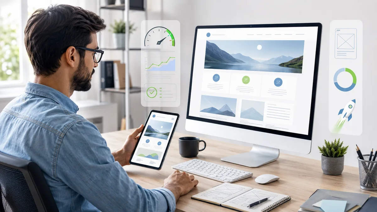 Website designer comparing fast lightweight WordPress layouts on desktop and mobile, no text