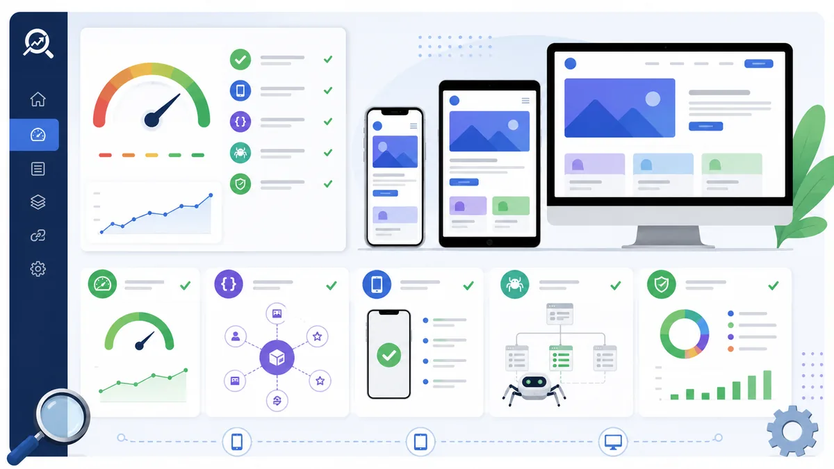Mobile SEO audit dashboard showing responsive layout, page speed and structured data checks, no text