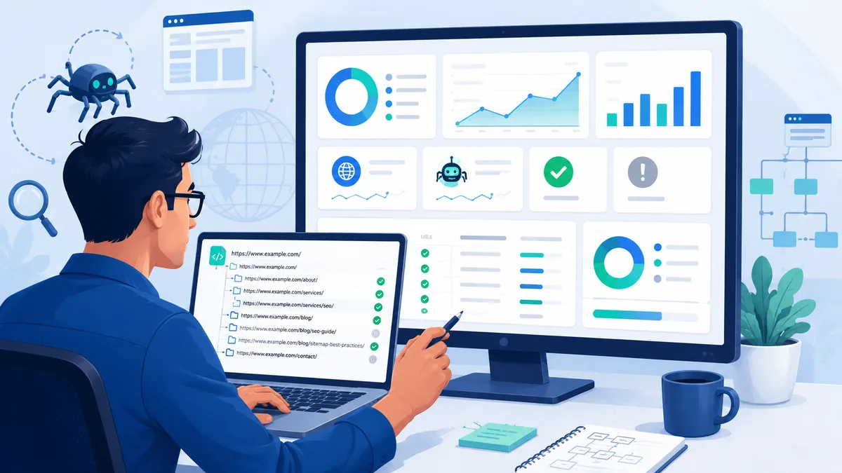 SEO specialist reviewing XML sitemap URLs and website indexing dashboard, no text