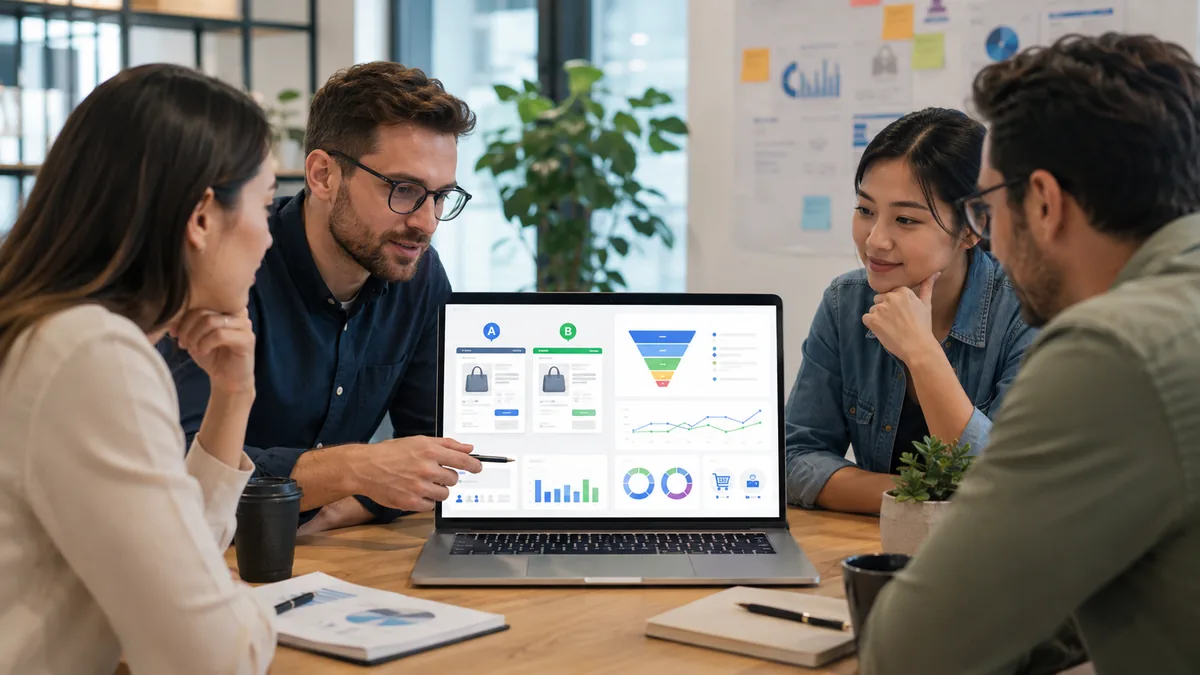 Ecommerce team reviewing conversion funnel and A/B test results on laptop, no text