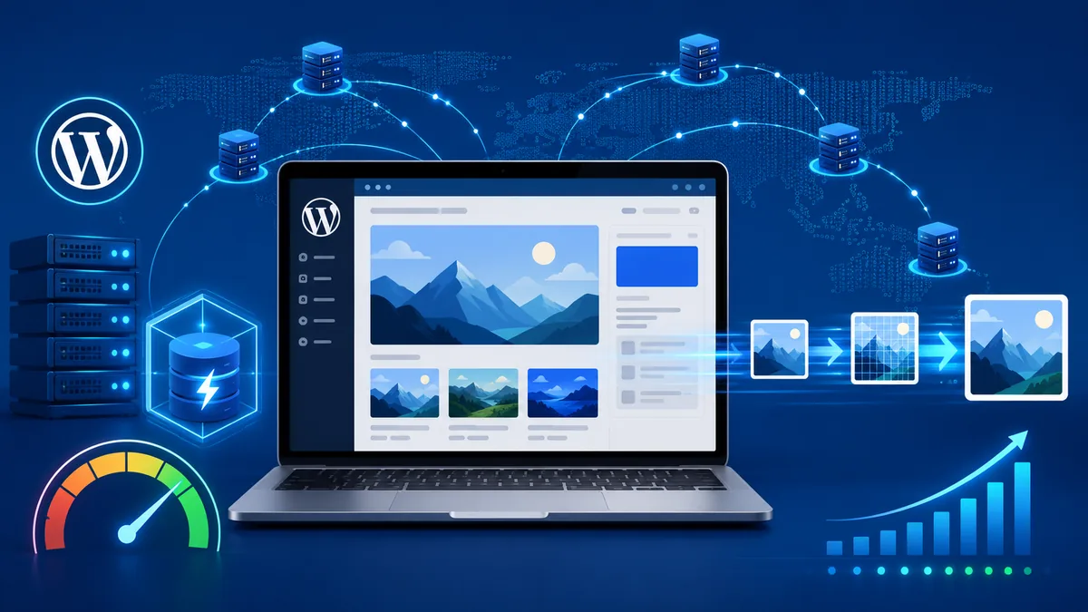 WordPress website performance optimization with CDN caching and image delivery, no text