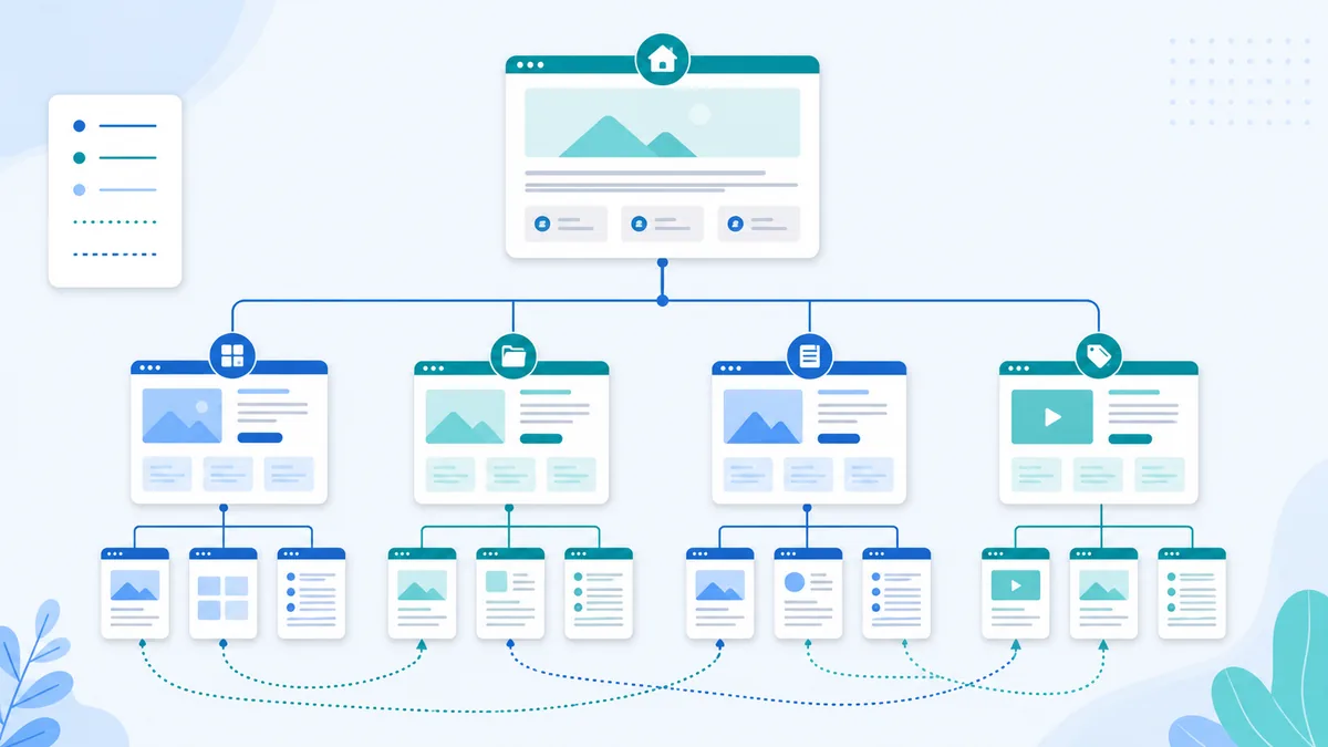 Clean website sitemap diagram with internal links connecting related content pages, no text, no logos, no characters
